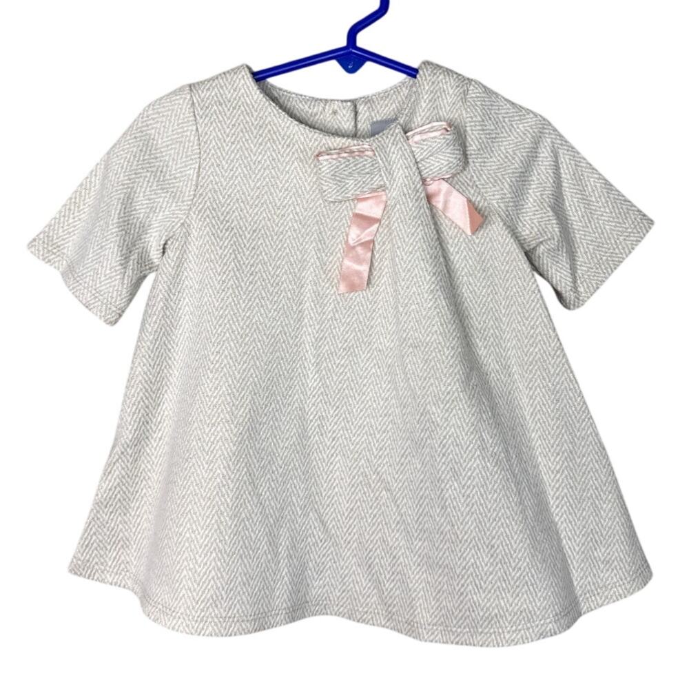 Tahari Baby Short Sleeve Dress Tan White Gold Chevron Size 24 M months